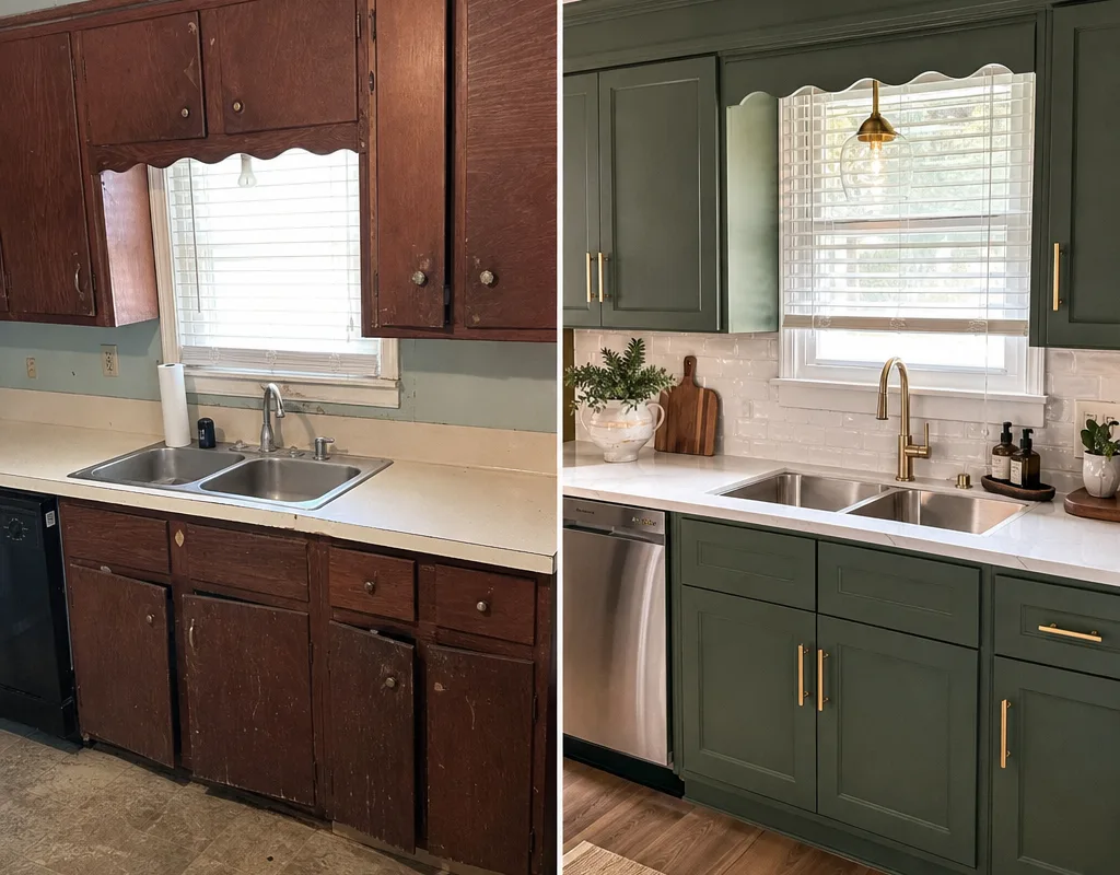 Before and after comparison showing an older kitchen with uneven cabinet doors and the improved layout after cabinet replacement
