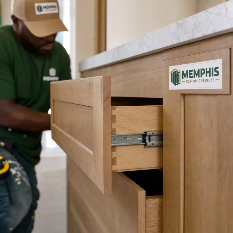 Soft-close cabinet drawer showing smooth slide hardware, tight drawer-front reveals, and a clean finished end panel