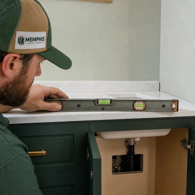 Close-up of a vanity installation showing a level across the countertop, scribed side filler against an uneven wall, and neatly finished plumbing access cutout inside the cabinet
