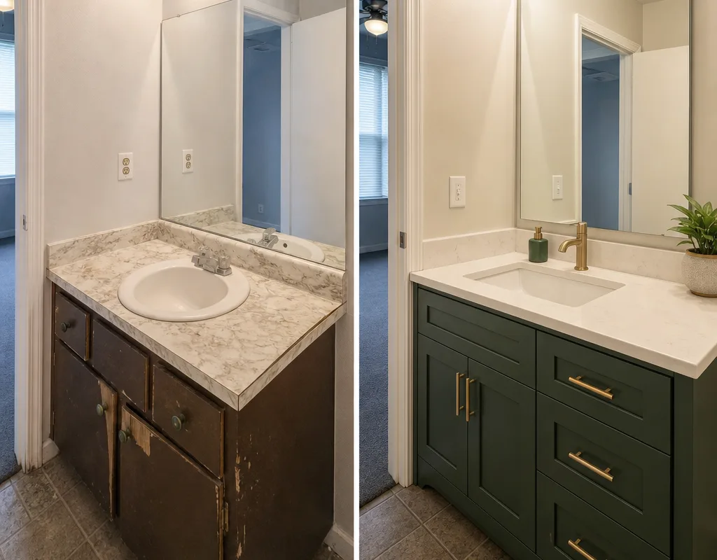 Before and after view of an older builder-grade vanity replaced with a fitted custom vanity and improved storage layout