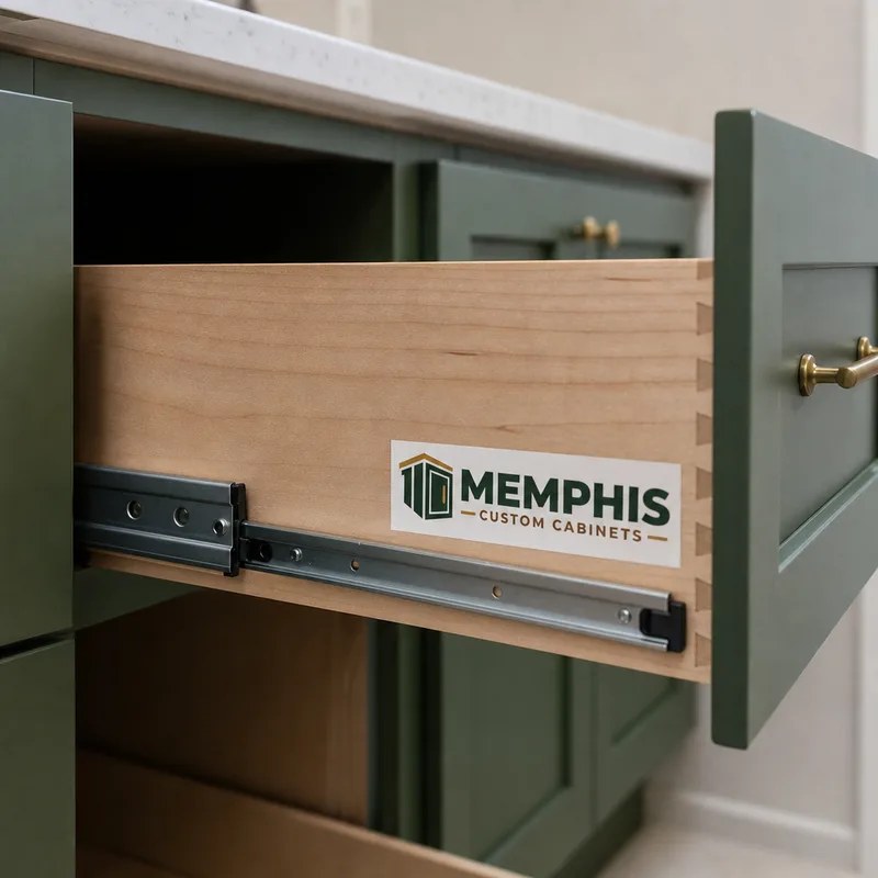 Close-up of a vanity drawer showing durable joinery, full-extension undermount slides, and a neatly finished interior