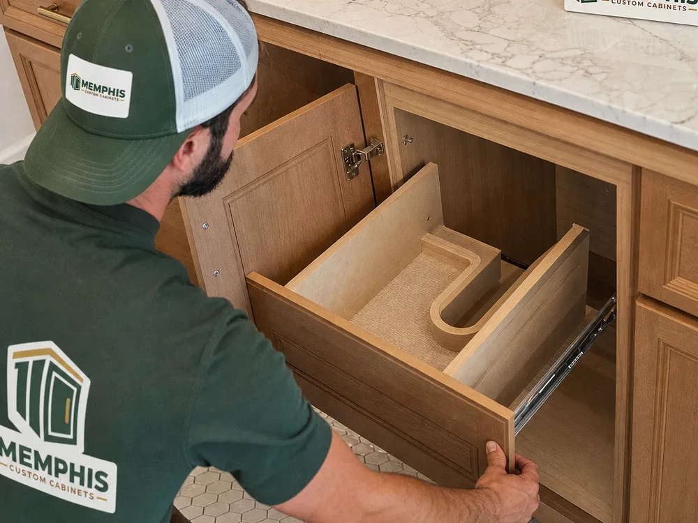 Open bathroom vanity cabinet with a U-shaped sink drawer cutout, full-extension slides, and moisture-resistant finished interior surfaces