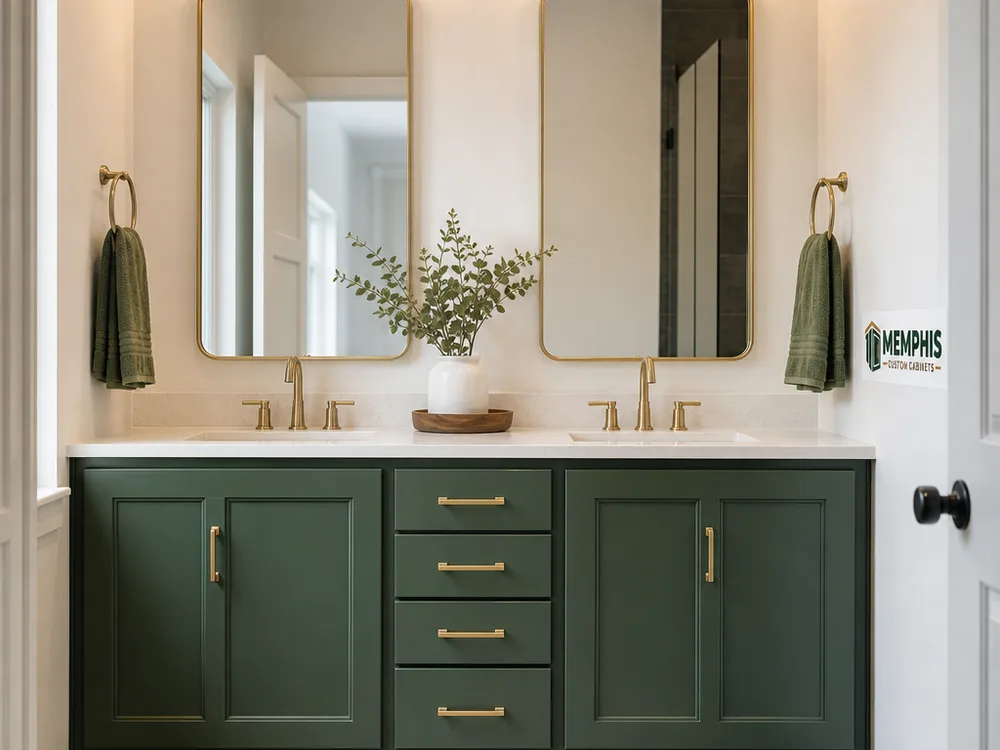 Painted shaker-style double vanity with centered drawer banks, matching mirrors, and brushed metal pulls